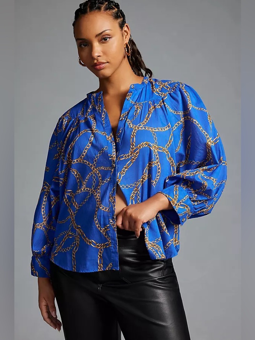 Anthropologie Maeve Femme Buttondown Royal Blue Chain-Print Blouse GUC Medium M